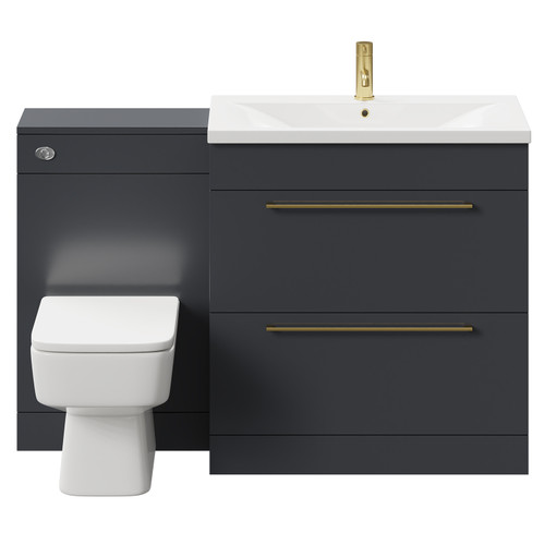 Napoli Gloss Grey 1300mm Vanity Unit Toilet Suite with 1 Tap Hole Basin and 2 Drawers with Brushed Brass Handles Front View