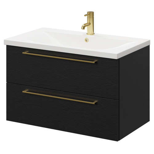 Napoli Nero Oak 800mm Wall Mounted Vanity Unit with 1 Tap Hole Basin and 2 Drawers with Brushed Brass Handles Right Hand Side View