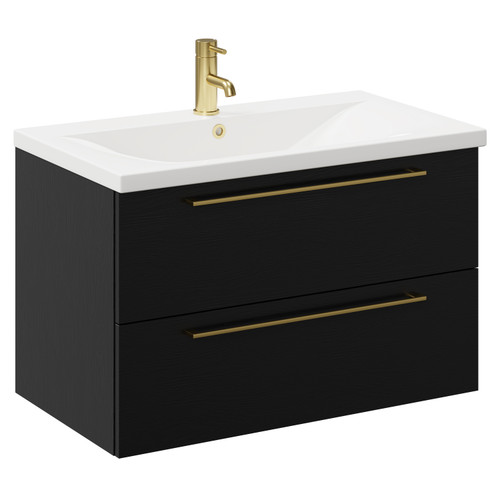 Napoli Nero Oak 800mm Wall Mounted Vanity Unit with 1 Tap Hole Basin and 2 Drawers with Brushed Brass Handles Left Hand Side View
