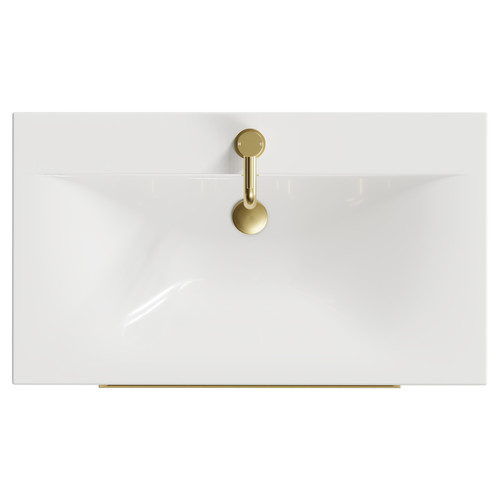 Napoli Nero Oak 800mm Wall Mounted Vanity Unit with 1 Tap Hole Basin and 2 Drawers with Brushed Brass Handles Top View From Above
