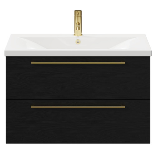 Napoli Nero Oak 800mm Wall Mounted Vanity Unit with 1 Tap Hole Basin and 2 Drawers with Brushed Brass Handles Front View