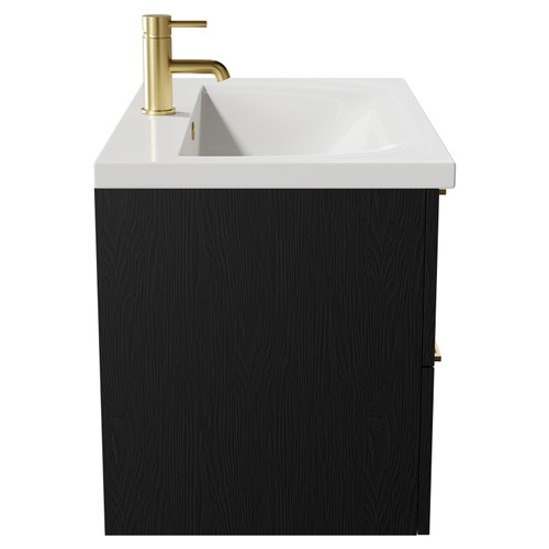 Napoli Nero Oak 800mm Wall Mounted Vanity Unit with 1 Tap Hole Basin and 2 Drawers with Brushed Brass Handles Side on View