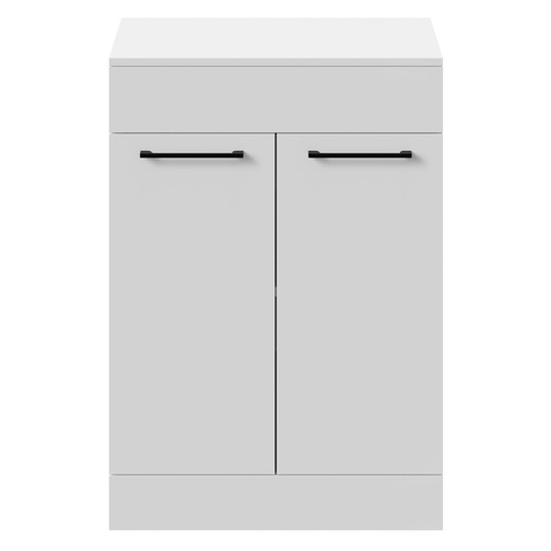 Napoli Gloss White 600mm Floor Standing Vanity Unit for Countertop Basins with 2 Doors and Matt Black Handles Front View