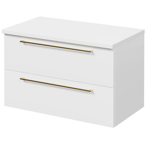 Napoli Gloss White 800mm Wall Mounted Vanity Unit for Countertop Basins with 2 Drawers and Brushed Brass Handles Right Hand Side View