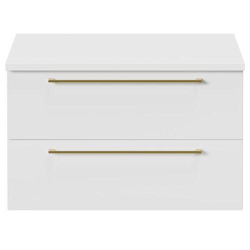 Napoli Gloss White 800mm Wall Mounted Vanity Unit for Countertop Basins with 2 Drawers and Brushed Brass Handles Front View