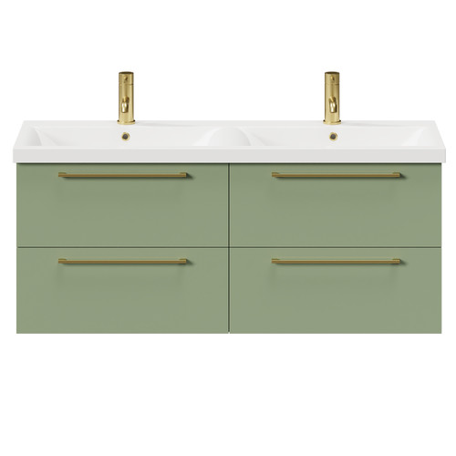 Napoli Olive Green 1200mm Wall Mounted Vanity Unit with Ceramic Double Basin and 4 Drawers with Brushed Brass Handles Front View Napoli Olive Green 1200mm Wall Mounted Vanity Unit with Ceramic Double Basin and 4 Drawers with Brushed Brass Handles Front View