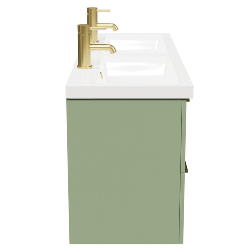 Napoli Olive Green 1200mm Wall Mounted Vanity Unit with Ceramic Double Basin and 4 Drawers with Brushed Brass Handles Side on View Napoli Olive Green 1200mm Wall Mounted Vanity Unit with Ceramic Double Basin and 4 Drawers with Brushed Brass Handles Side on View