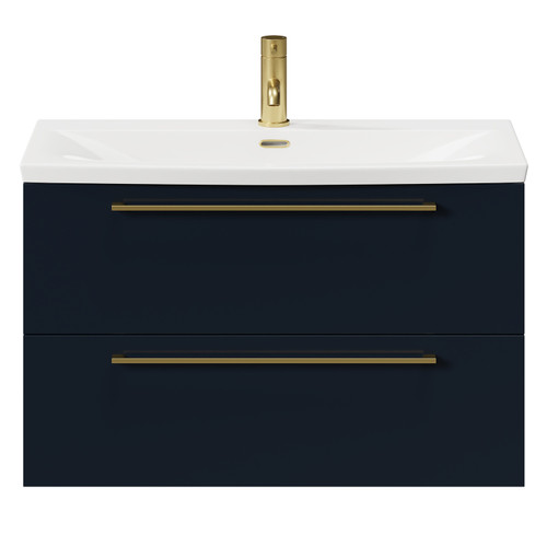 Napoli Deep Blue 800mm Wall Mounted Vanity Unit with 1 Tap Hole Curved Basin and 2 Drawers with Brushed Brass Handles Front View