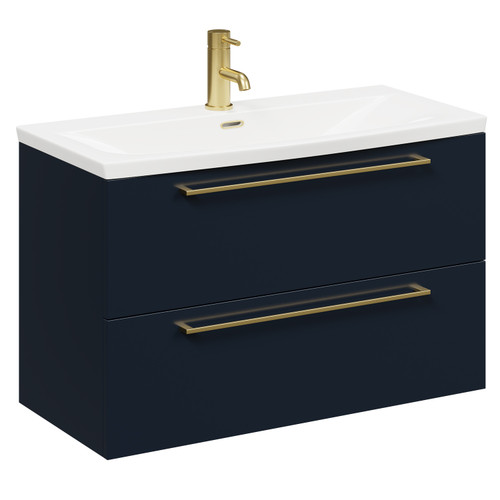 Napoli Deep Blue 800mm Wall Mounted Vanity Unit with 1 Tap Hole Curved Basin and 2 Drawers with Brushed Brass Handles Left Hand Side View