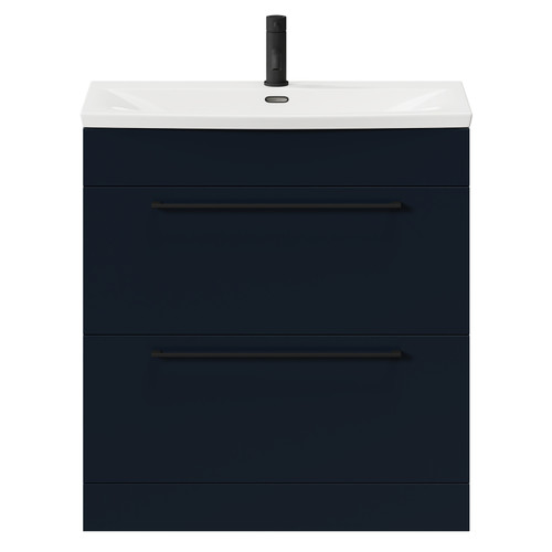 Napoli Deep Blue 800mm Floor Standing Vanity Unit with 1 Tap Hole Curved Basin and 2 Drawers with Matt Black Handles Front View