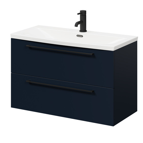 Napoli Deep Blue 800mm Wall Mounted Vanity Unit with 1 Tap Hole Curved Basin and 2 Drawers with Matt Black Handles Right Hand Side View