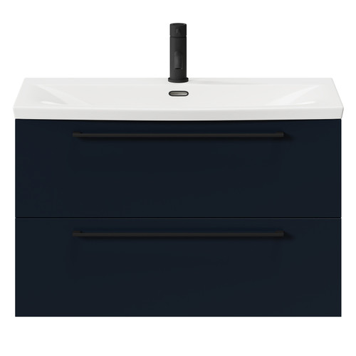 Napoli Deep Blue 800mm Wall Mounted Vanity Unit with 1 Tap Hole Curved Basin and 2 Drawers with Matt Black Handles Front View