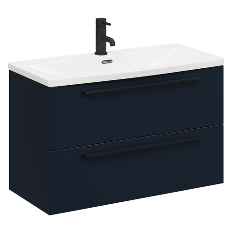 Napoli Deep Blue 800mm Wall Mounted Vanity Unit with 1 Tap Hole Curved Basin and 2 Drawers with Matt Black Handles Left Hand Side View