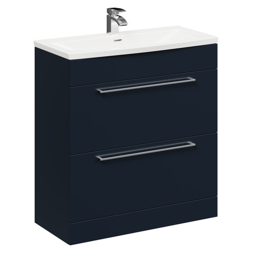 Napoli Deep Blue 800mm Floor Standing Vanity Unit with 1 Tap Hole Curved Basin and 2 Drawers with Polished Chrome Handles Left Hand Side View