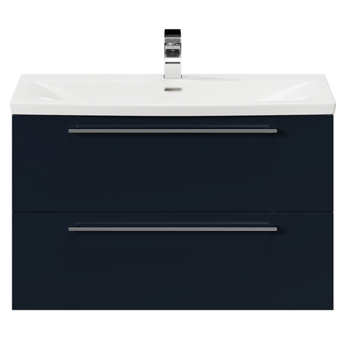 Napoli Deep Blue 800mm Wall Mounted Vanity Unit with 1 Tap Hole Curved Basin and 2 Drawers with Polished Chrome Handles Front View