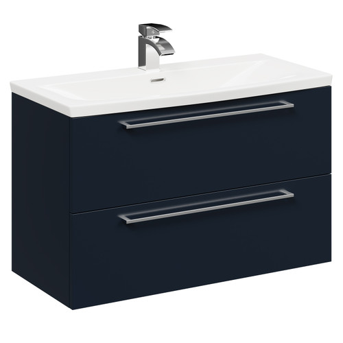 Napoli Deep Blue 800mm Wall Mounted Vanity Unit with 1 Tap Hole Curved Basin and 2 Drawers with Polished Chrome Handles Left Hand Side View