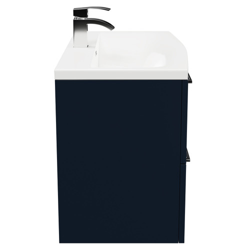 Napoli Deep Blue 800mm Wall Mounted Vanity Unit with 1 Tap Hole Curved Basin and 2 Drawers with Polished Chrome Handles Side on View