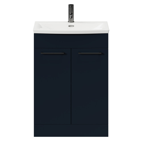 Napoli Deep Blue 600mm Floor Standing Vanity Unit with 1 Tap Hole Curved Basin and 2 Doors with Gunmetal Grey Handles Front View