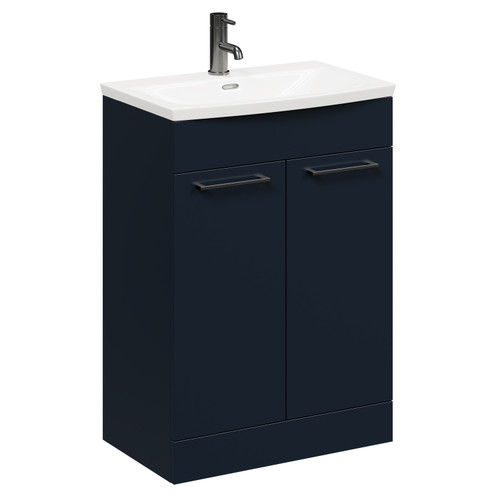 Napoli Deep Blue 600mm Floor Standing Vanity Unit with 1 Tap Hole Curved Basin and 2 Doors with Gunmetal Grey Handles Left Hand Side View