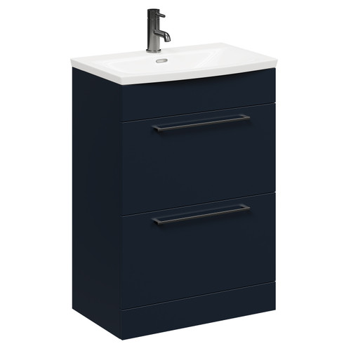 Napoli Deep Blue 600mm Floor Standing Vanity Unit with 1 Tap Hole Curved Basin and 2 Drawers with Gunmetal Grey Handles Left Hand Side View