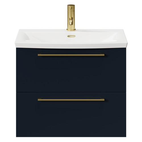 Napoli Deep Blue 600mm Wall Mounted Vanity Unit with 1 Tap Hole Curved Basin and 2 Drawers with Brushed Brass Handles Front View