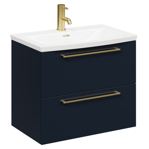 Napoli Deep Blue 600mm Wall Mounted Vanity Unit with 1 Tap Hole Curved Basin and 2 Drawers with Brushed Brass Handles Left Hand Side View