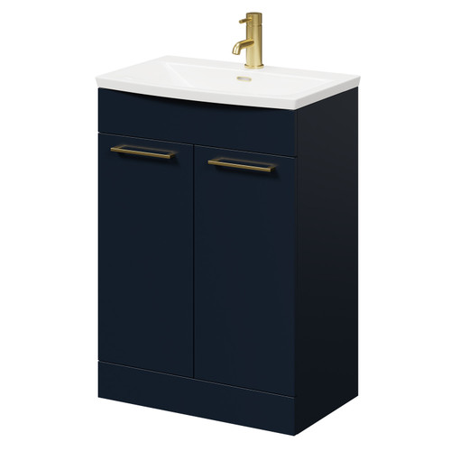 Napoli Deep Blue 600mm Floor Standing Vanity Unit with 1 Tap Hole Curved Basin and 2 Doors with Brushed Brass Handles Right Hand Side View