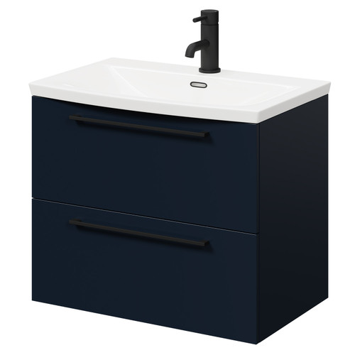 Napoli Deep Blue 600mm Wall Mounted Vanity Unit with 1 Tap Hole Curved Basin and 2 Drawers with Matt Black Handles Right Hand Side View
