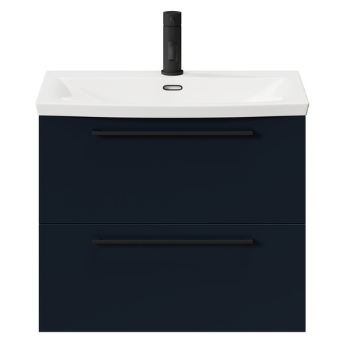 Napoli Deep Blue 600mm Wall Mounted Vanity Unit with 1 Tap Hole Curved Basin and 2 Drawers with Matt Black Handles Front View