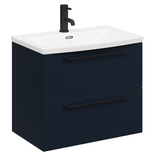 Napoli Deep Blue 600mm Wall Mounted Vanity Unit with 1 Tap Hole Curved Basin and 2 Drawers with Matt Black Handles Left Hand Side View