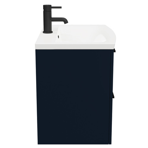 Napoli Deep Blue 600mm Wall Mounted Vanity Unit with 1 Tap Hole Curved Basin and 2 Drawers with Matt Black Handles Side on View