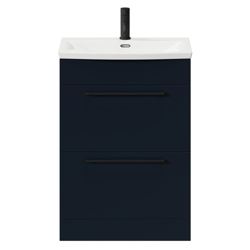 Napoli Deep Blue 600mm Floor Standing Vanity Unit with 1 Tap Hole Curved Basin and 2 Drawers with Matt Black Handles Front View