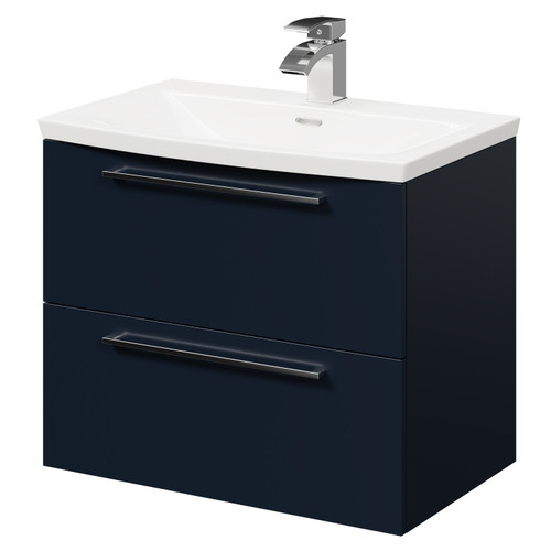 Napoli Deep Blue 600mm Wall Mounted Vanity Unit with 1 Tap Hole Curved Basin and 2 Drawers with Polished Chrome Handles Right Hand Side View