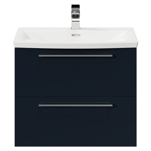 Napoli Deep Blue 600mm Wall Mounted Vanity Unit with 1 Tap Hole Curved Basin and 2 Drawers with Polished Chrome Handles Front View