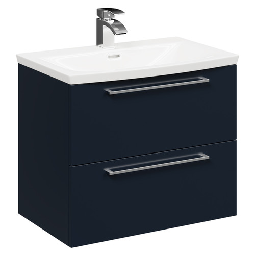 Napoli Deep Blue 600mm Wall Mounted Vanity Unit with 1 Tap Hole Curved Basin and 2 Drawers with Polished Chrome Handles Left Hand Side View