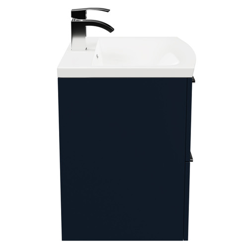 Napoli Deep Blue 600mm Wall Mounted Vanity Unit with 1 Tap Hole Curved Basin and 2 Drawers with Polished Chrome Handles Side on View