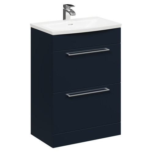 Napoli Deep Blue 600mm Floor Standing Vanity Unit with 1 Tap Hole Curved Basin and 2 Drawers with Polished Chrome Handles Left Hand Side View