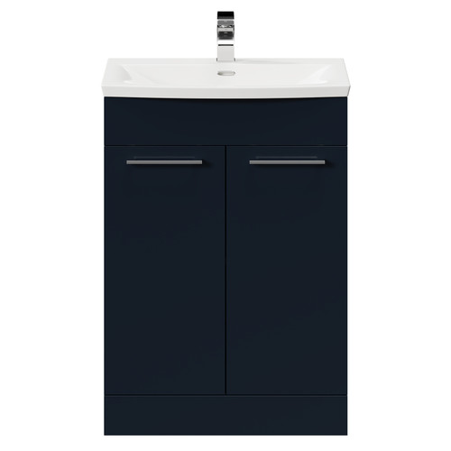 Napoli Deep Blue 600mm Floor Standing Vanity Unit with 1 Tap Hole Curved Basin and 2 Doors with Polished Chrome Handles Front View