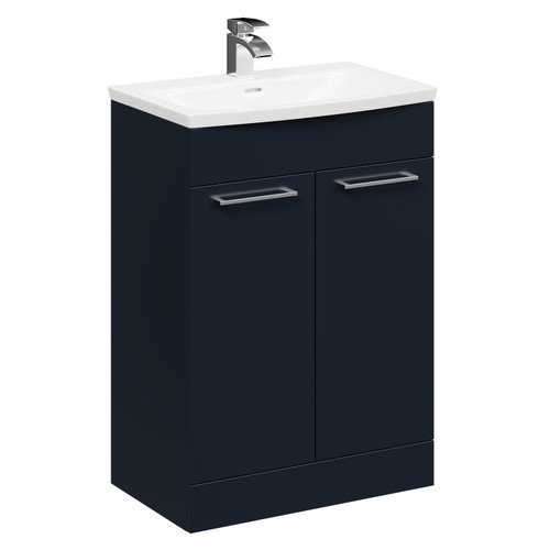 Napoli Deep Blue 600mm Floor Standing Vanity Unit with 1 Tap Hole Curved Basin and 2 Doors with Polished Chrome Handles Left Hand Side View