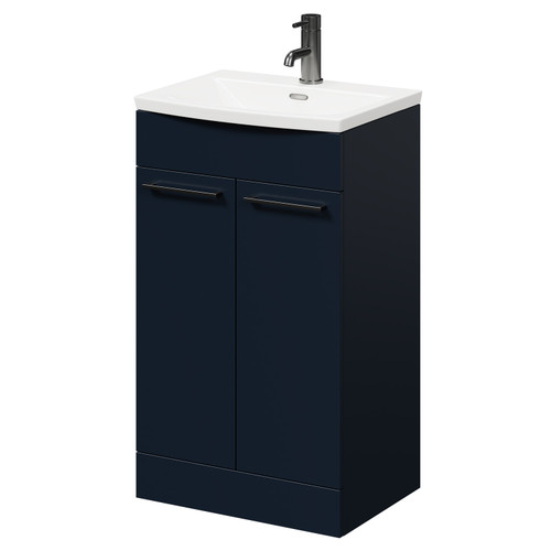 Napoli Deep Blue 500mm Floor Standing Vanity Unit with 1 Tap Hole Curved Basin and 2 Doors with Gunmetal Grey Handles Right Hand Side View