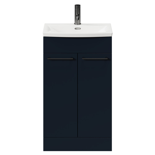 Napoli Deep Blue 500mm Floor Standing Vanity Unit with 1 Tap Hole Curved Basin and 2 Doors with Gunmetal Grey Handles Front View