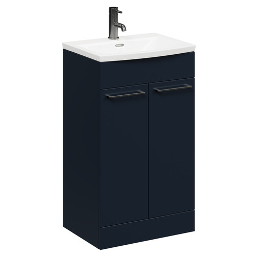 Napoli Deep Blue 500mm Floor Standing Vanity Unit with 1 Tap Hole Curved Basin and 2 Doors with Gunmetal Grey Handles Left Hand Side View