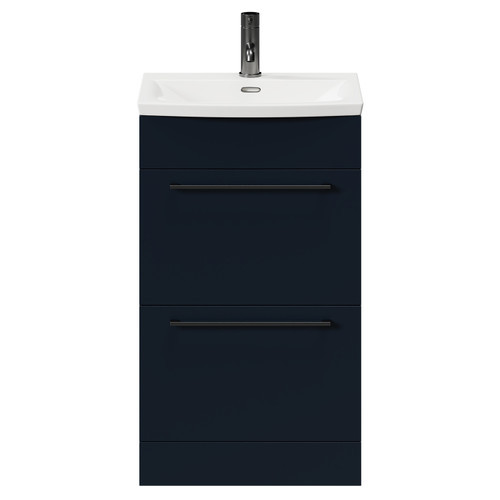 Napoli Deep Blue 500mm Floor Standing Vanity Unit with 1 Tap Hole Curved Basin and 2 Drawers with Gunmetal Grey Handles Front View