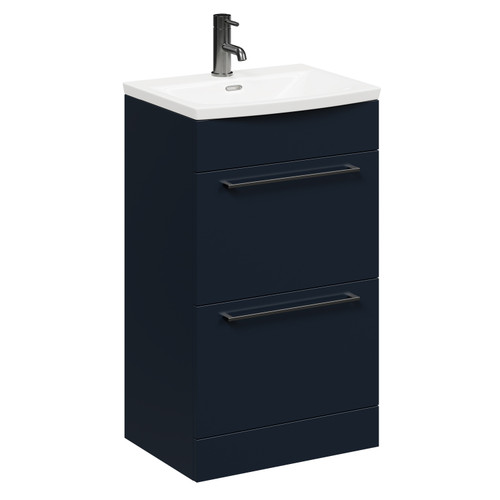 Napoli Deep Blue 500mm Floor Standing Vanity Unit with 1 Tap Hole Curved Basin and 2 Drawers with Gunmetal Grey Handles Left Hand Side View