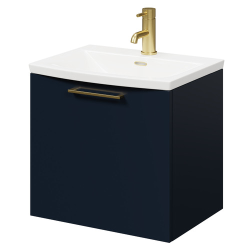 Napoli Deep Blue 500mm Wall Mounted Vanity Unit with 1 Tap Hole Curved Basin and Single Drawer with Brushed Brass Handle Right Hand Side View