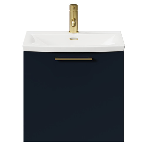 Napoli Deep Blue 500mm Wall Mounted Vanity Unit with 1 Tap Hole Curved Basin and Single Drawer with Brushed Brass Handle Front View