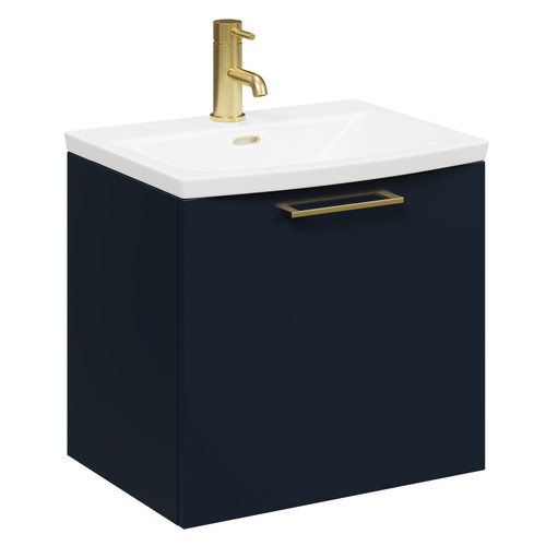 Napoli Deep Blue 500mm Wall Mounted Vanity Unit with 1 Tap Hole Curved Basin and Single Drawer with Brushed Brass Handle Left Hand Side View