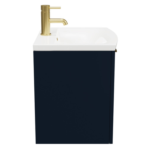 Napoli Deep Blue 500mm Wall Mounted Vanity Unit with 1 Tap Hole Curved Basin and Single Drawer with Brushed Brass Handle Side on View