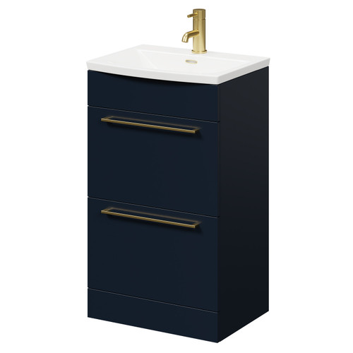 Napoli Deep Blue 500mm Floor Standing Vanity Unit with 1 Tap Hole Curved Basin and 2 Drawers with Brushed Brass Handles Right Hand Side View