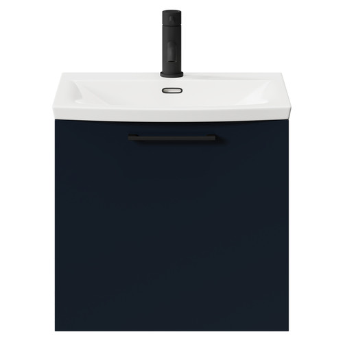 Napoli Deep Blue 500mm Wall Mounted Vanity Unit with 1 Tap Hole Curved Basin and Single Drawer with Matt Black Handle Front View